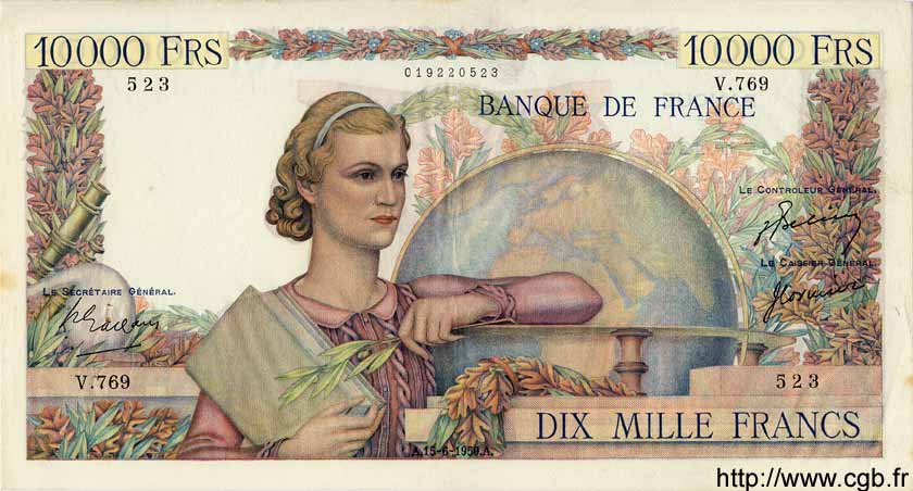 10000 Francs GÉNIE FRANÇAIS FRANCIA  1950 F.50.33 MBC+