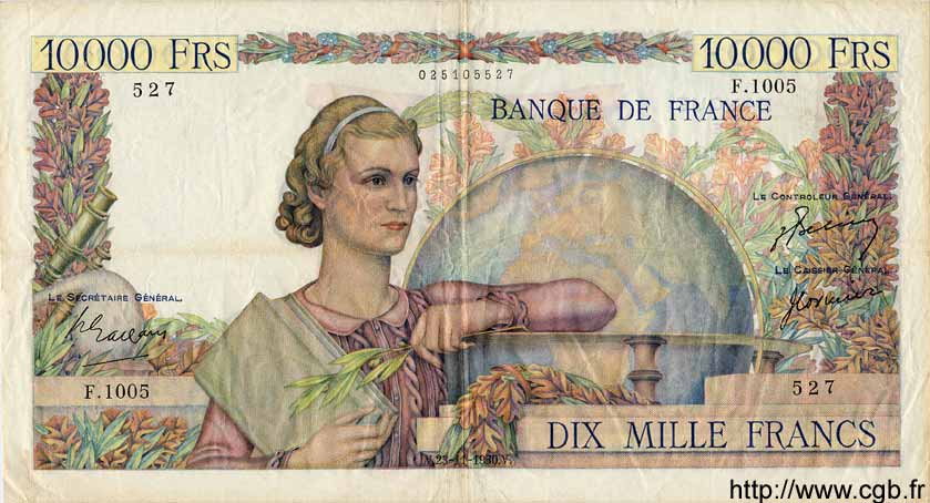 10000 Francs GÉNIE FRANÇAIS FRANCIA  1950 F.50.42 MBC