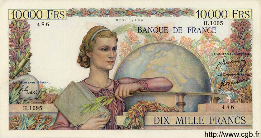 10000 Francs GÉNIE FRANÇAIS FRANCE  1950 F.50.46 VF