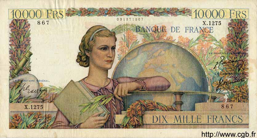 10000 Francs GÉNIE FRANÇAIS FRANKREICH  1951 F.50.48 fSS