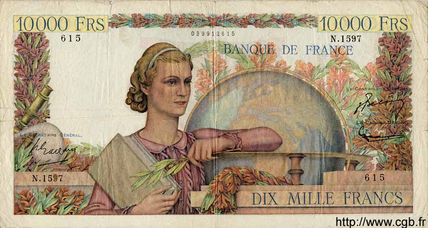 10000 Francs GÉNIE FRANÇAIS FRANCIA  1951 F.50.52 q.MB