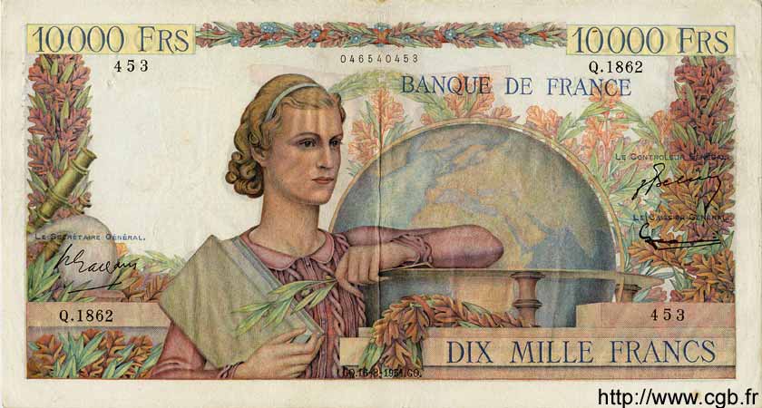 10000 Francs GÉNIE FRANÇAIS FRANCE  1951 F.50.53 TTB