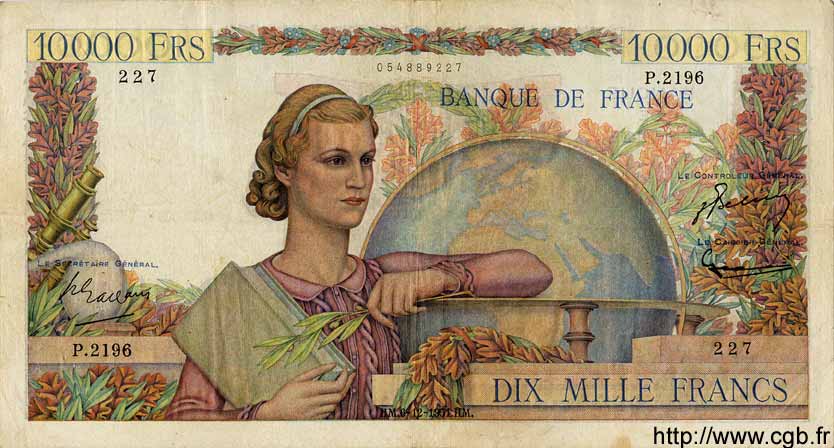 10000 Francs GÉNIE FRANÇAIS FRANCIA  1951 F.50.55 BC+