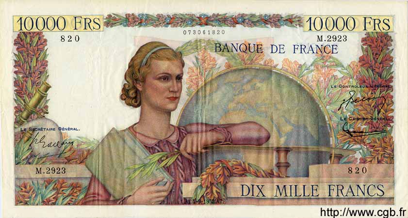 10000 Francs GÉNIE FRANÇAIS FRANCIA  1952 F.50.60 MBC+