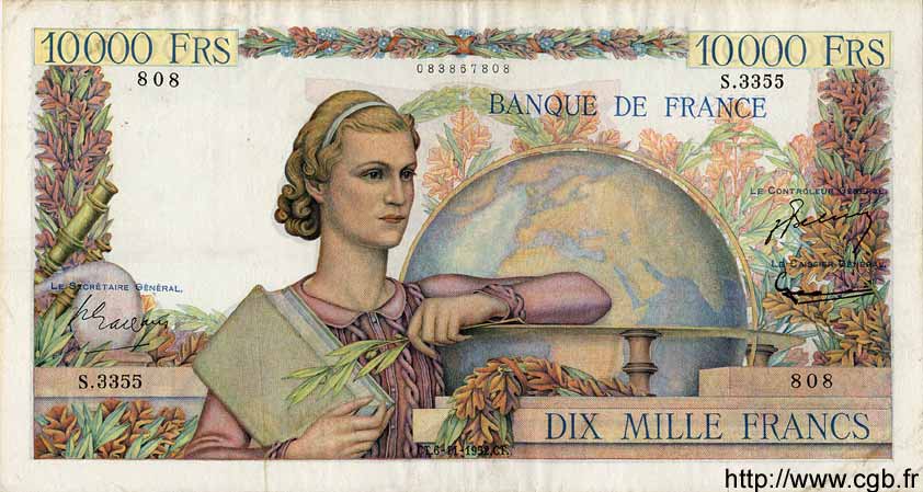 10000 Francs GÉNIE FRANÇAIS FRANCIA  1952 F.50.61 q.BB
