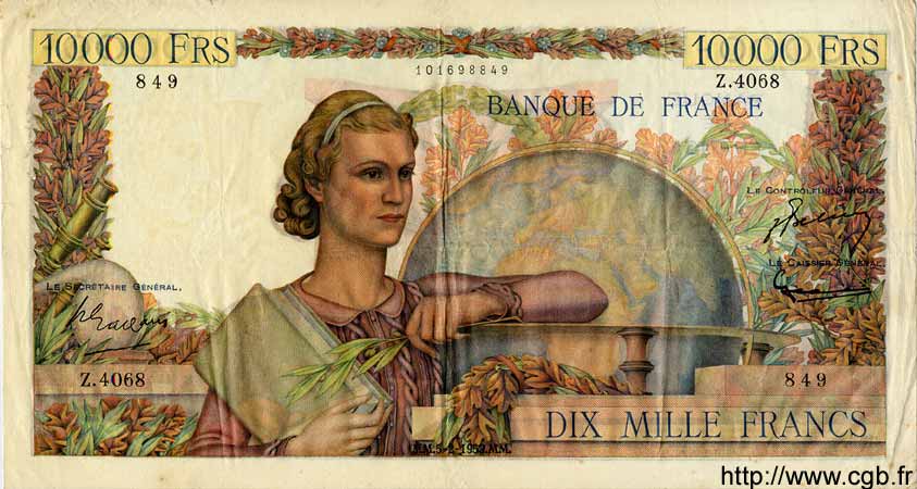 10000 Francs GÉNIE FRANÇAIS FRANCIA  1953 F.50.63 MBC