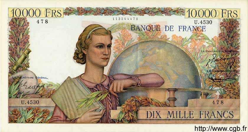 10000 Francs GÉNIE FRANÇAIS FRANCE  1953 F.50.64 AU-