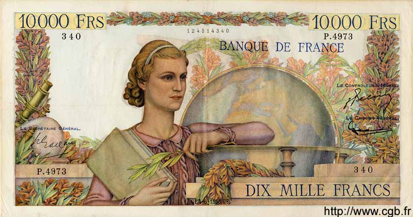 10000 Francs GÉNIE FRANÇAIS FRANKREICH  1953 F.50.66 SS