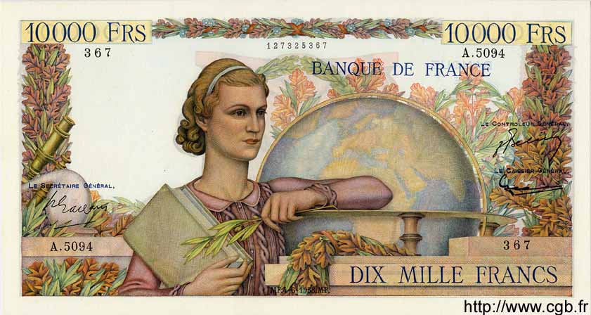 10000 Francs GÉNIE FRANÇAIS FRANCE  1953 F.50.66 AU