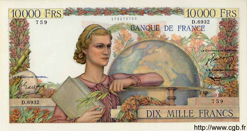 10000 Francs GÉNIE FRANÇAIS FRANCE  1954 F.50.70 AU