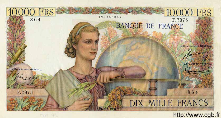 10000 Francs GÉNIE FRANÇAIS FRANCIA  1955 F.50.73 MBC+