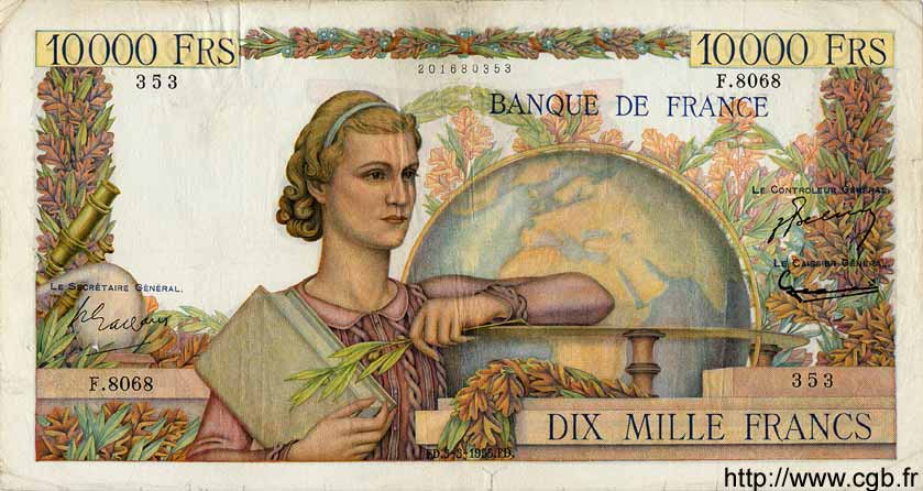 10000 Francs GÉNIE FRANÇAIS FRANCIA  1955 F.50.73 BC+