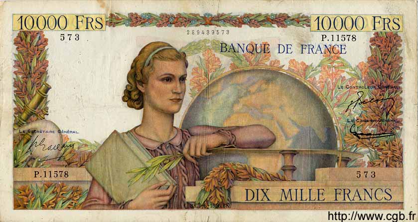 10000 Francs GÉNIE FRANÇAIS FRANCIA  1956 F.50.81 MB