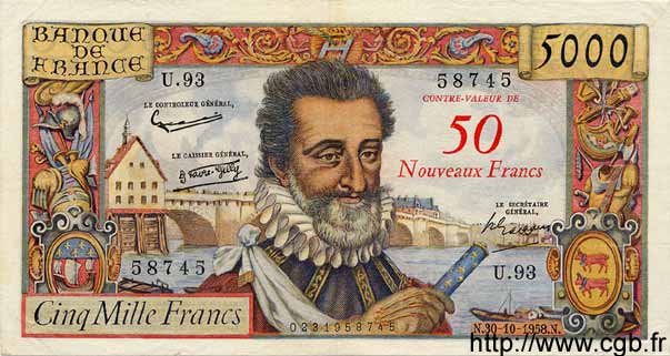 50 NF sur 5000 Francs HENRI IV FRANCIA  1958 F.54.01 MBC+