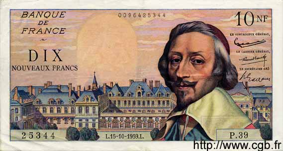 10 Nouveaux Francs RICHELIEU FRANCE  1959 F.57.03 SUP