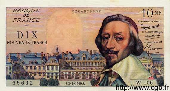 10 Nouveaux Francs RICHELIEU FRANKREICH  1960 F.57.08 VZ+ to fST