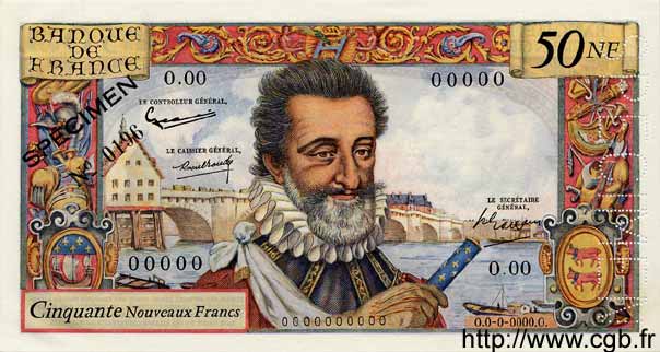 50 Nouveaux Francs HENRI IV FRANCE  1959 F.58.01Spn UNC-