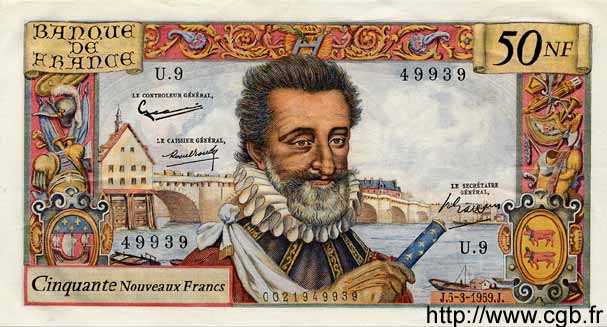 50 Nouveaux Francs HENRI IV FRANCIA  1959 F.58.01 EBC