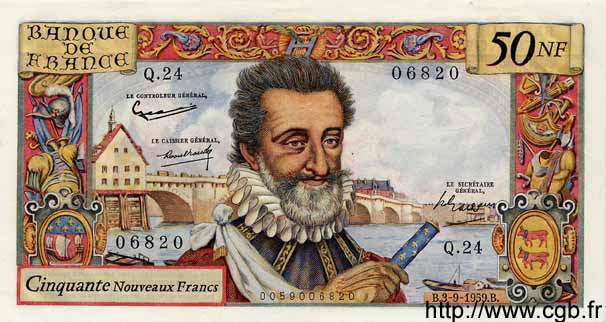 50 Nouveaux Francs HENRI IV FRANCE  1959 F.58.03 XF