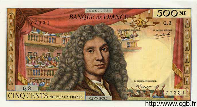 500 Nouveaux Francs MOLIÈRE FRANCE  1959 F.60.01 AU