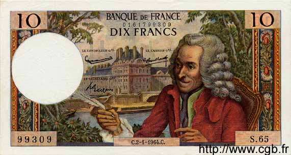 10 Francs VOLTAIRE FRANCE  1964 F.62.07 AU+