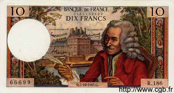 10 Francs VOLTAIRE FRANCE  1965 F.62.16 XF
