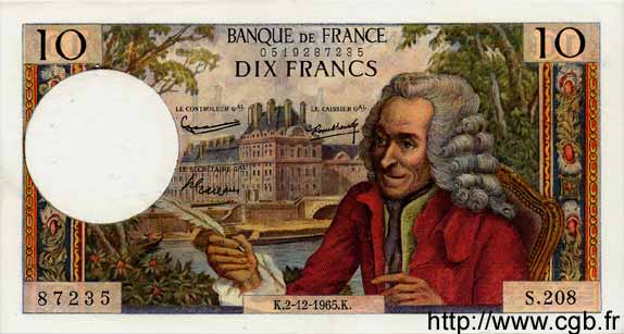10 Francs VOLTAIRE FRANCE  1965 F.62.18 XF