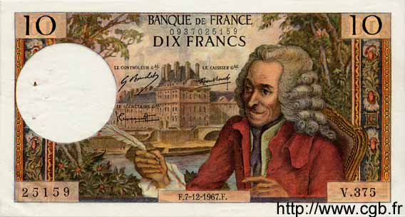 10 Francs VOLTAIRE FRANCE  1967 F.62.30 VF+
