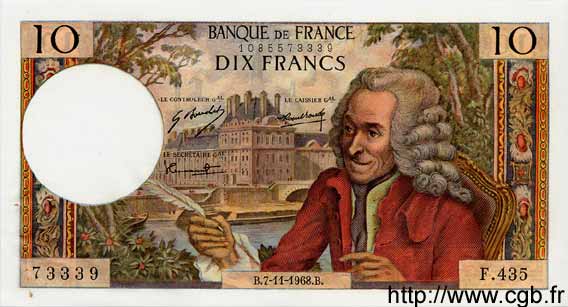 10 Francs VOLTAIRE FRANCE  1968 F.62.35 pr.SPL