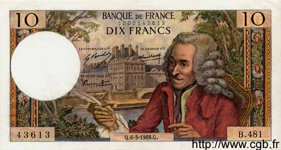 10 Francs VOLTAIRE FRANKREICH  1969 F.62.37 fST