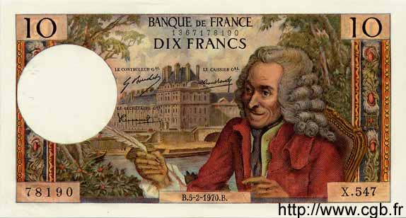 10 Francs VOLTAIRE FRANKREICH  1970 F.62.42 fST