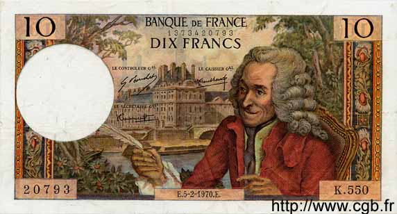 10 Francs VOLTAIRE FRANCE  1970 F.62.42 VF+