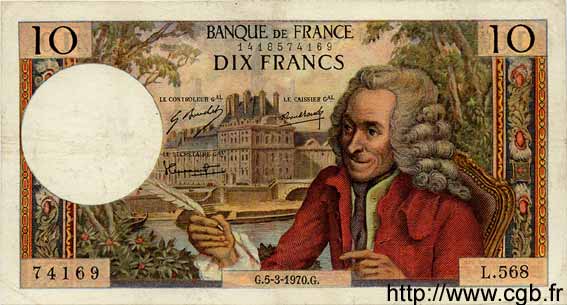 10 Francs VOLTAIRE FRANCE  1970 F.62.43 VF