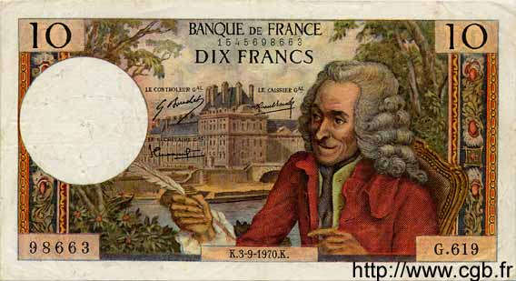 10 Francs VOLTAIRE FRANCE  1970 F.62.46 VF
