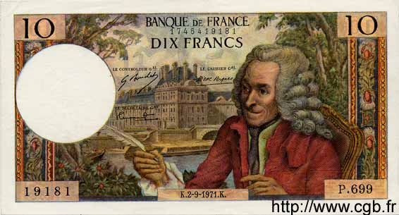 10 Francs VOLTAIRE FRANCIA  1971 F.62.51 SPL a AU