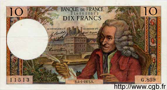 10 Francs VOLTAIRE FRANCIA  1973 F.62.60 MBC a EBC