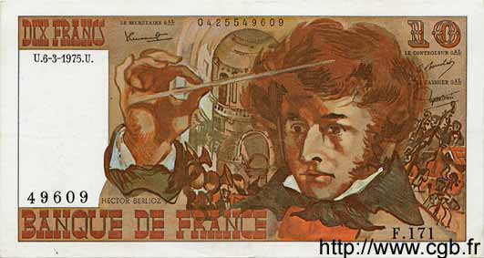 10 Francs BERLIOZ FRANCE  1975 F.63.09 XF