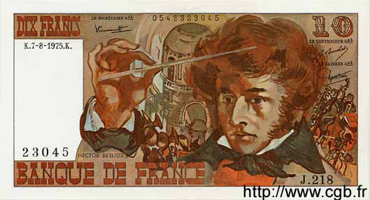 10 Francs BERLIOZ FRANKREICH  1975 F.63.12 fST+
