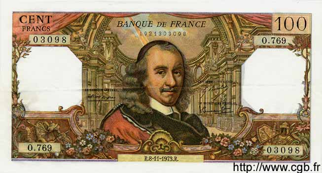 100 Francs CORNEILLE FRANCE  1973 F.65.44 XF