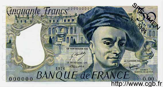 50 Francs QUENTIN DE LA TOUR FRANCE  1976 F.67.01Spn UNC