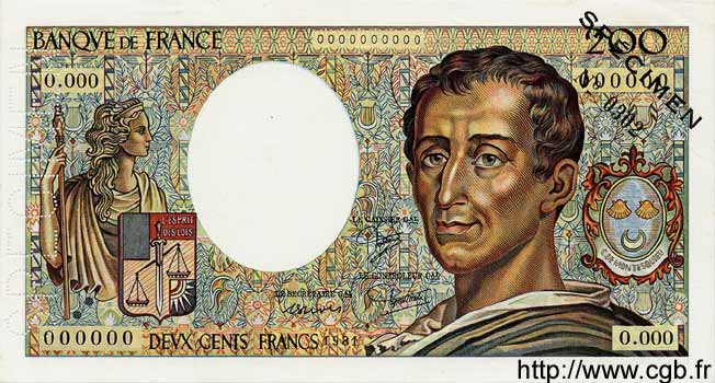 200 Francs MONTESQUIEU FRANKREICH  1981 F.70.01Spn fST+