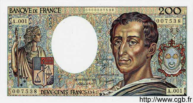 200 Francs MONTESQUIEU FRANCE  1981 F.70.01A1 UNC