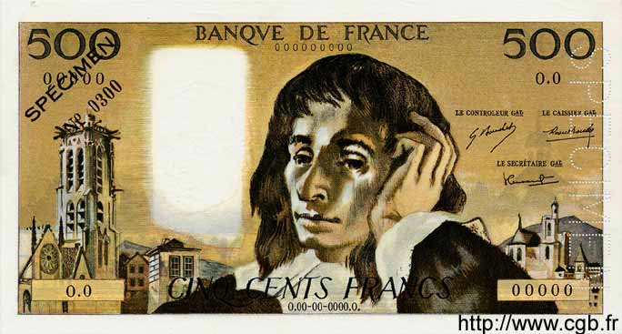 500 Francs PASCAL FRANKREICH  1968 F.71.01Spn fST+