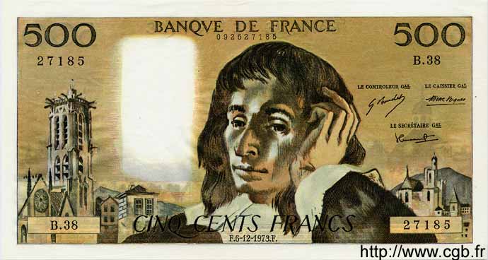 500 Francs PASCAL FRANCE  1973 F.71.10 AU
