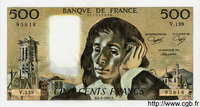 500 Francs PASCAL FRANKREICH  1981 F.71.24 fST+
