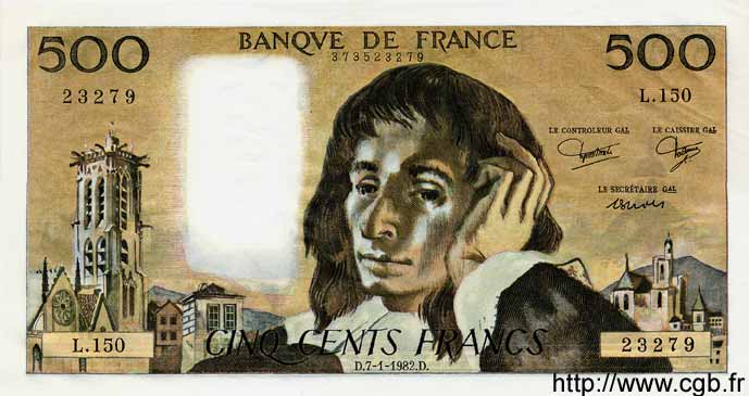 500 Francs PASCAL FRANKREICH  1982 F.71.26 fST