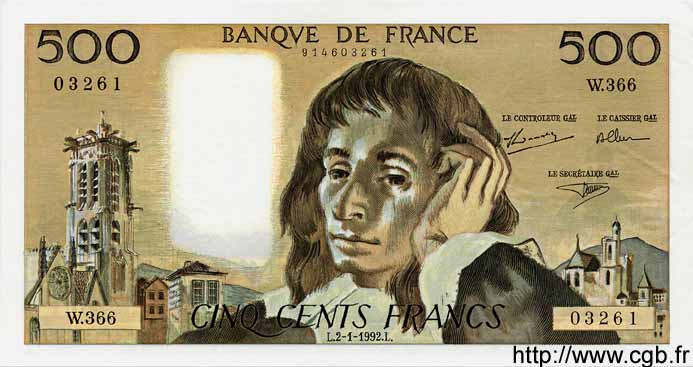 500 Francs PASCAL FRANKREICH  1991 F.71.49 fST+