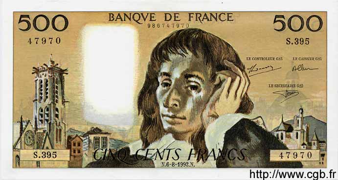 500 Francs PASCAL FRANCIA  1992 F.71.50 AU+