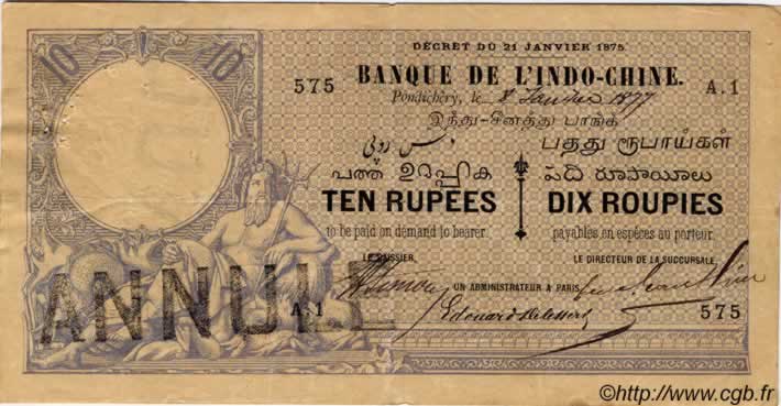 10 Rupees - 10 Roupies INDIA FRANCESA  1877 P.A1s MBC