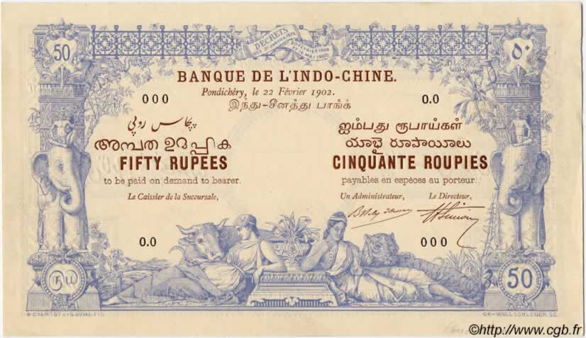 50 Rupees - 50 Roupies Épreuve INDE FRANÇAISE  1902 P.A2 pr.NEUF